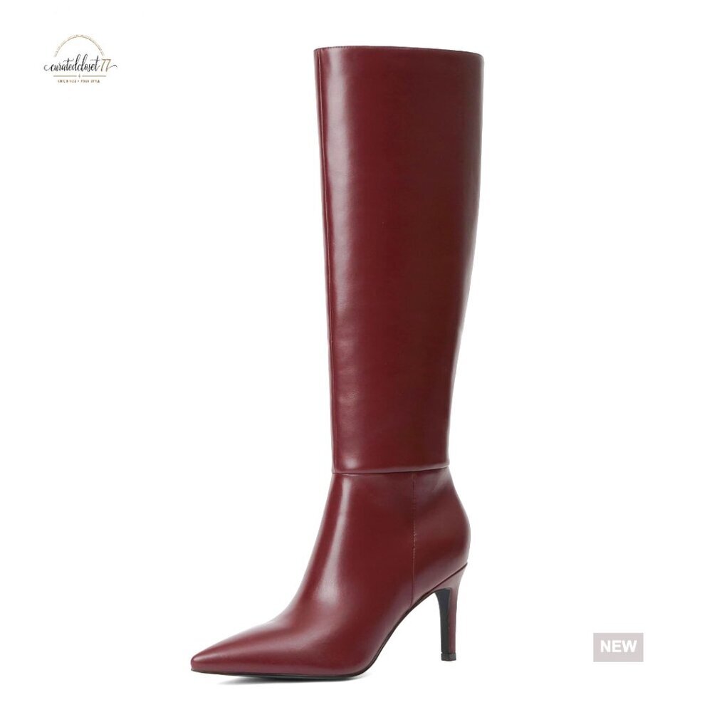 Knee High Boots Pointed Toe 3 Inch Heel Side Zipper Dress Boots